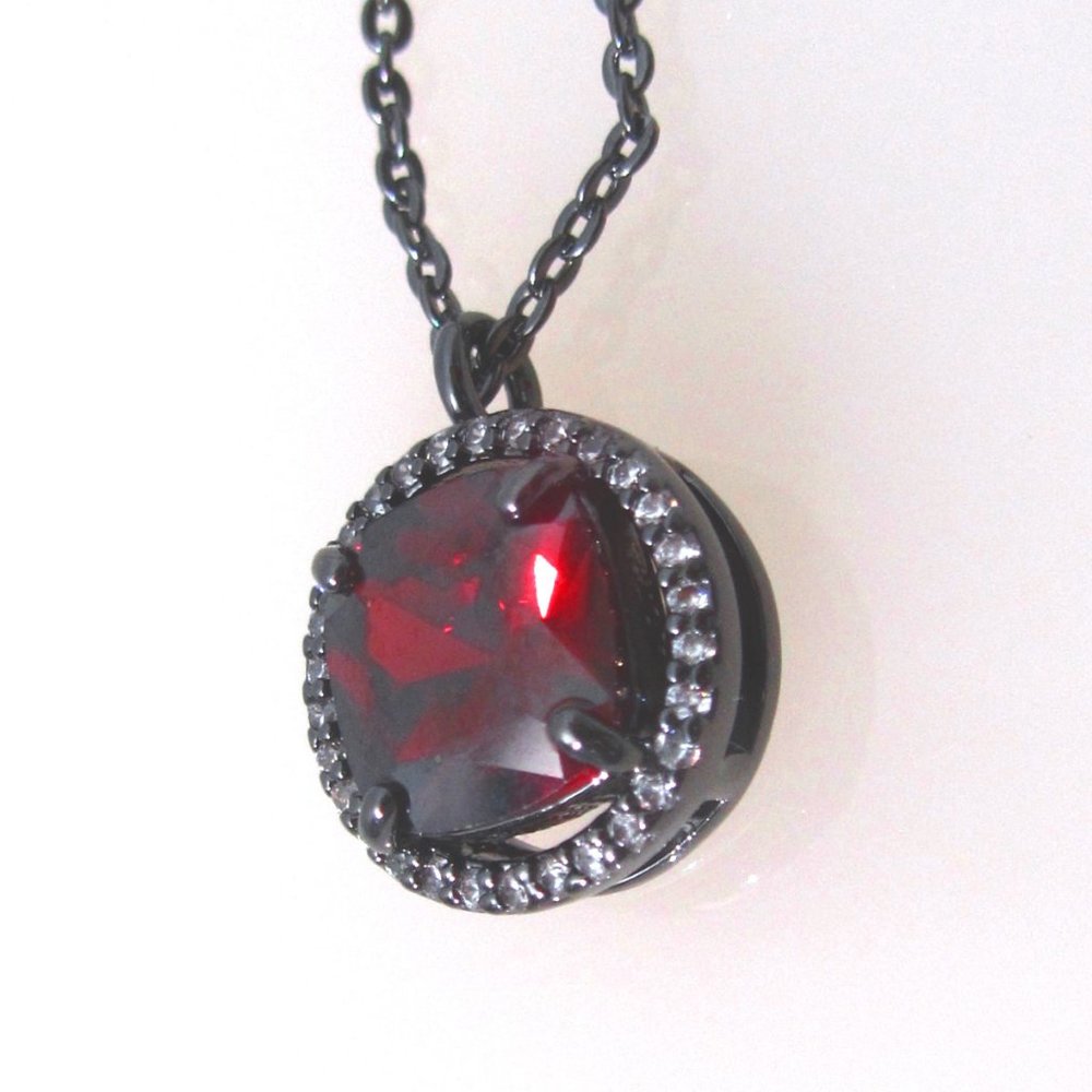 WHBM Red Cubic Zirconia Solitaire Necklace Halo Hematite